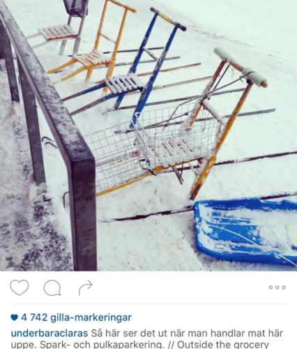 Bild av Claras instagramflöde som visar bild på sparkar som står parkerade i rad.