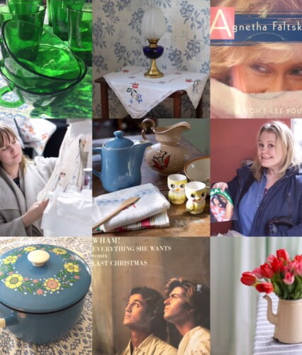 Collage av loppisfynd bland annat dukar, gröna glaskoppar, en blå emaljkastrull och bild på Clara som tittar på textilier på loppis samt Erica som bläddrar bland vinylsinglar och håller upp omslaget till hitsingeln Lambada.