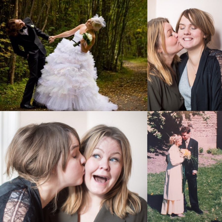 Olika bilder som visar olika sorters kärlek, bröllopsbild på Clara och Jacob som håller varandra i handen och lekfullt lutar sig som i dans. Bilder på Clara och Erica som pussas. Ur En Underbar Pod.