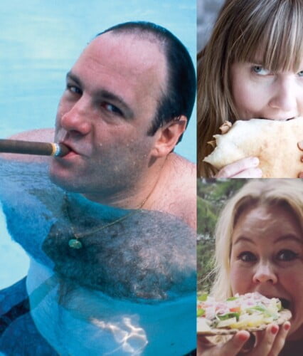 collgage av bilder på Tony Soprano som röker cigarr, Clara och Erica som äter macka/kebab. Ur En Underbar Pod.